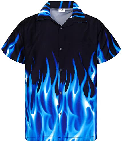 King Kameha Funky Hawaiian Shirt, Men, Shortsleeve, Flames, Blue, XL