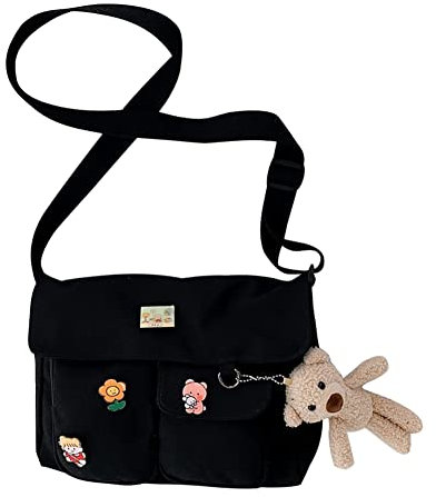 GSenhui Canvas Crossbody Bag Damen Breiter Gurt, Kawaii Schultasche Mädchen mit Kawaii Deko, Umhängetasche Damen, Niedlich Schutertaschefür High School Teenager Mädchen, Schwarz