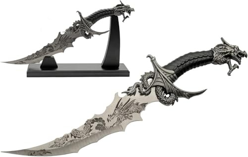 SZCO Sea Dragon Fantasy Knife with Stand 13.25 Inch - Fancy Knife for Men with Stainless Steel Blade, Aluminum Handle for Display, Cosplay, LARP & Gifts