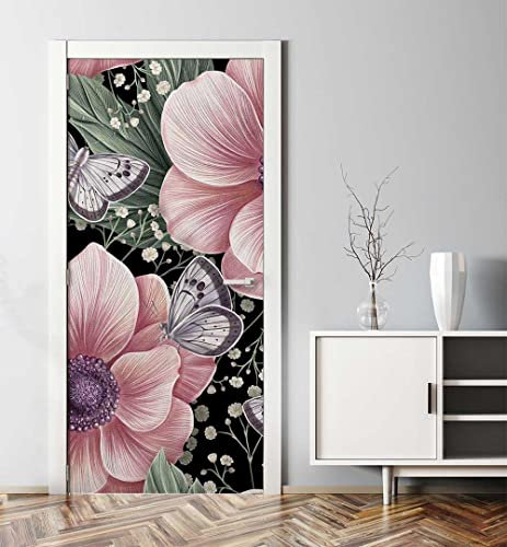 MyMaxxi - Tür bekleben mit Türtapete Türposter Türfolie Selbstklebend 90x200 blühende Blume mit Schmetterlingen - Tür verschönern Türaufkleber Türklebefolie Blume Strauch Blatt schwarz rosa