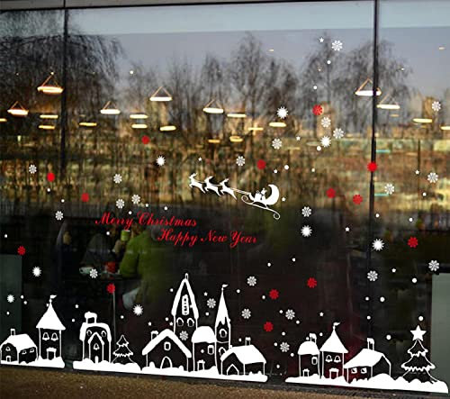 Pegatinas de Navidad Ventana Reno Pequeño Pueblo Casa Copo de Nieve Invierno Navidad Decoración Pegatinas Navideños para Ventanas Doble Cara Pegatinas Reutilizable Calcomanía Pegatinas