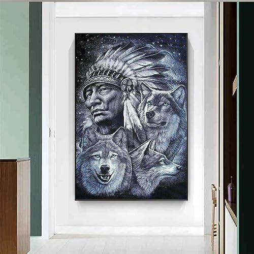 Trayosin Wolf Diamond Painting 5d Diamant Painting Bilder Diamant Painting Kinder DIY malen nach Zahlen Erwachsene Runden Diamanten Dekoration und Geschenk (Wolf Indianer,30x40cm)