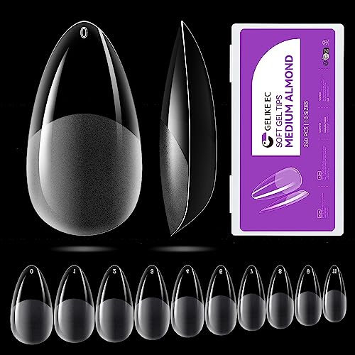 Medium Almond Nail Tips for Extension: Gelike EC Soft Gel Nails Tip Easy and Long Last- 240pcs 10 Sizes for Salon Home DIY Practice Art Design