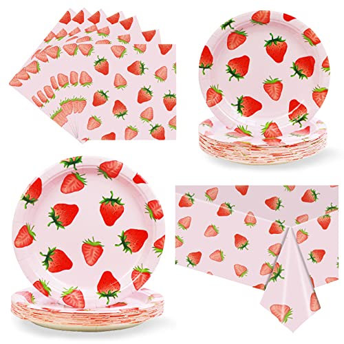 Strawberry Party Tableware Set,Strawberry Birthday Decoration,Summer Fruit Party Supplies Paper Plates Napkins Tablecloth for 25 Guests Great for Birthday Summer Fruit 1st