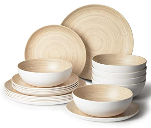 Joviton Home 18-teiliges Bambus-Wirbel-Melamin-Geschirr-Set für 6, Teller und Schüssel-Sets (heller Bambus)