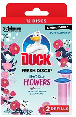 Duck Fresh Discs Toilet Cleaner Refill Twin Pack, Fights Stains That Harbour Germs, Prevents Limescale Build Up, First Kiss Flowers Fragrance, Pack of 5 (Total of 10 Refill Tubes)