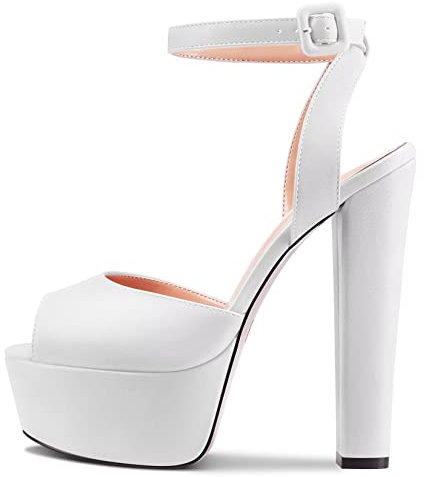 NobleOnly Damen Chunky Blockabsatz Hoher High Plateau Plattform Absatz Heel Peep Open Zehenkappe Knöchelriemen Slingback Hochzeit Sandalen Weiß 39 EU
