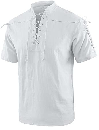 YAOBAOLE Grandad Shirts for Men Short Sleeve Pirate Costume Men Ghillie Shirt White M