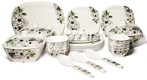Melamine Dinner Set of 40 PCS with Everlasting Shiny Print MIRCOWAVE Safe, Standard Size, Square Shaped (Floral 7) 100% Veg Material