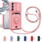 Aithne Cordon de Coque pour Samsung Galaxy S22 Plus 5G / S22+ 5G,Couvercle Coulissant de la Caméra+Support Annulaire à 360 Degrés,Fentes pour Cartes Lanyard Silicone Case -Pink