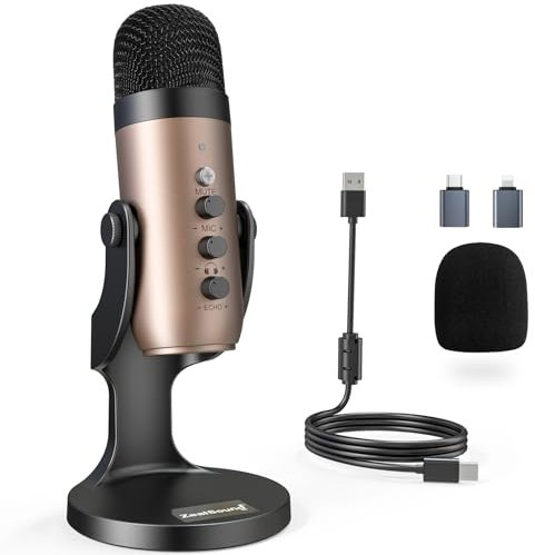 zealsound Micrófono USB,Mic Condensador PC,Plug&Play PS 4&5, Adaptador teléfono&Control Volumen,Control de Ganancia de micrófono,Grabación de ASMR,Transmisión de podcasts Youtube Mac&Windows, Dorato