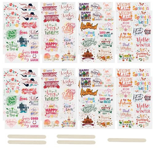 WANDIC 16 Blatt Rub-On-Transfer-Aufkleber, Weihnachten, Halloween, Jahreszeit, Urlaub, Aufkleber, mehrere Themen, Aufkleber für Scrapbook, Tagebuch, Planer, Album