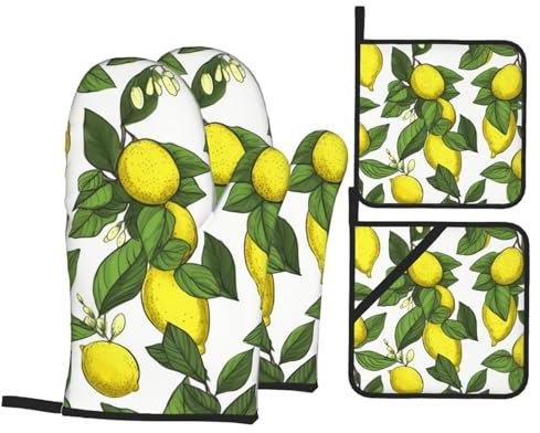 Lot de 4 maniques et maniques jaunes au citron frais - Antidérapants - Résistants à la chaleur - Pour cuisine, pâtisserie, grillades, barbecue