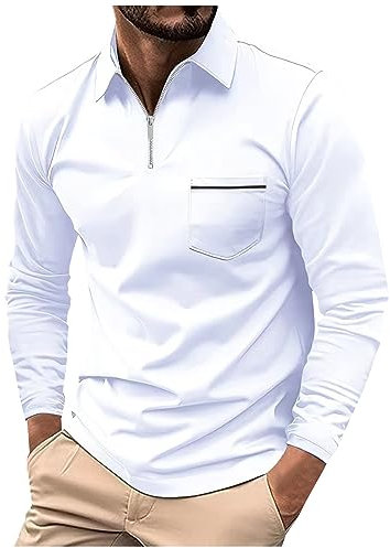 Poloshirts Für Herren Poloshirt Herren Sport Kleidung Männer Atmungsaktive Shirts Herren Farbblock Revers Langarm Basic Poloshirts Mit Reißverschluss Regular Fit Golf Polos Wärme Decken (White, Xl)
