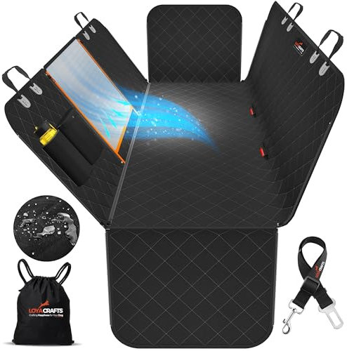 Dog Car Seat Covers, 600D Heavy Duty 100% Waterproof, Nonslip, Zipper Design seat protector, Mesh Window, Perfect Dog Hammock for Car backseat, SUVs, Sedans & Truck (Black, Square Window Style)