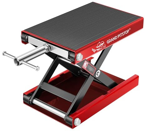 GRAND PITSTOP Motorcycle & Powersports Maintainence Stand Lift Scissor Jack Steel Wide Deck Hoist Crank Center Stand 1100 LBS Capacity for Motorcycles, for Cruiser, Dirt Bike, Sports Bike, ATV (RED)
