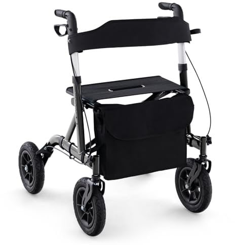 COSTWAY Rollator mit Luftbereifung, faltbar und leicht mit Sitz, Aluminium, bis 136 kg, 2 in 1 Rollstuhl & Reiserollator, Gehhilfe 6-fach höhenverstellbar, Gehwagen mit Tasche & Stockhalter (Schwarz)