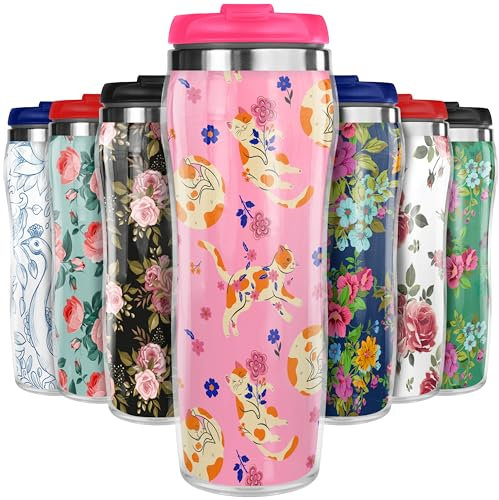 Pixly® Cats and Flowers Thermal Travel Mug Coffee Tea Flask, 400ml/14oz Capacity, Flower, Floral Pattern - Floral Feline