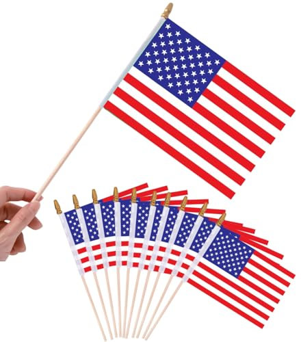 Bâton en Bois - 10 Pièces Petit Drapeau États Unis Banniere Drapeau Américain à Manivelle Fanions USA pour Fête Festival Celebration Anniversaire Mariage Decoration Ecole Jardin
