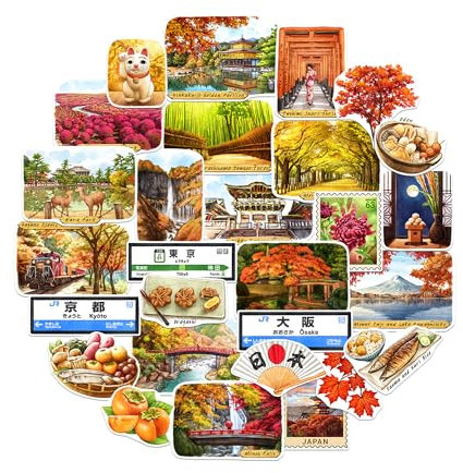 Navy Peony Autumn in Japan Travel Stickers (25pcs)-Watercolor, Japanese Maple, Fall Foliage-Themed Vacation Decals for Journals, Scrapbooks, Tumbler