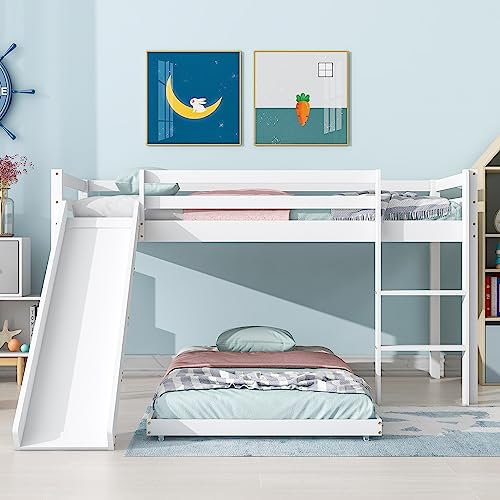 AYOROF Children's Cabin Bed Frame with Slide & Ladder, Bunk Bed for Kids with Adjustable Ladder and Slide, Adjustable Lower Bed, Suitable for Kids Boys Girls (White, 190 x 90 cm + 200 x 90 cm)