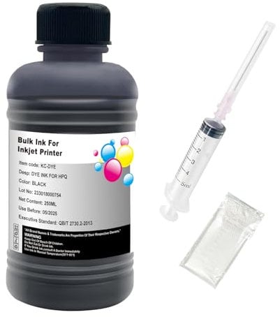 Hallosun 250ML Schwarze Nachfülltinte Kompatibel für HP 307XL 305XL 650XL 351XL 350XL 300XL 901XL 62XL 21XL 22XL Kompatibel mit nachfüllbaren Tintenpatronen CISS CIS System, 1 Spritze, 1 Handschuh
