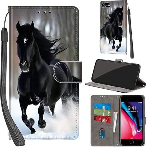 PHINIENLAND Case for iPhone SE 2022/2020 & 7/8 - Premium PU Leather Flip Wallet Cover with Card Slots & Kickstand - Magnetic Book Cover - Horse