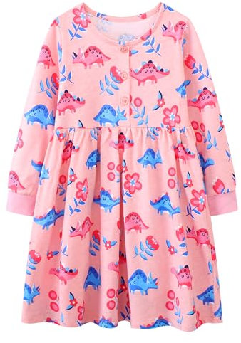 JinBei Robe Fille Elegante en Coton Manches Longues Bouton Robes Simple Animal Printemps Automne Ecole Enfant Princesse Casual T-Shirt Occasionnel Robes be Vêtements 3-4 Ans, Dinosaure Rose