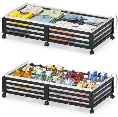 Xadgve Under Bed Storage with Wheels - Large Bamboo Underbed Containers with Dust Bag - Stackable Under Bed Shoe Storage Bins for Clothes, Books, Bedding and Toys - Space Saving