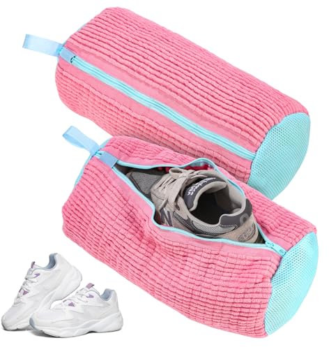 Bixury Schuhwaschbeutel Waschmaschine Schuhbeutel Waschmaschine, 2 Stück Multi Wäschesack Schuhe mit 360° Reinigungsflaum, Selbstreinigende Schuhe Waschbeutel für Waschmaschine und Trockner (Rosa)