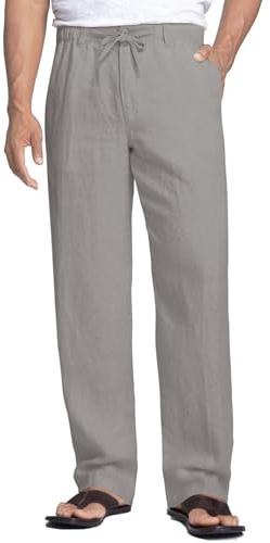 COOFANDY Men's Linen Trousers Casual Lightweight Summer Pants Drawstring Relaxed Fit Beach Linen Pants for Men Button Zip Fly Loose Trousers Breathable Gray M