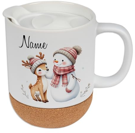 GRAZDesign Tasse Weihnachten mit Deckel & Kork mit Namen personalisiert, Weihnachtstasse Keramik 330ml