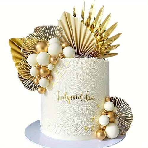 LoNinLoAn 20Pcs Ball Cake Topper Decorations, Gold Foil Balls & Fans, Ginkgo Biloba, Palm Leaf, 26 Pcs (Gold, White)