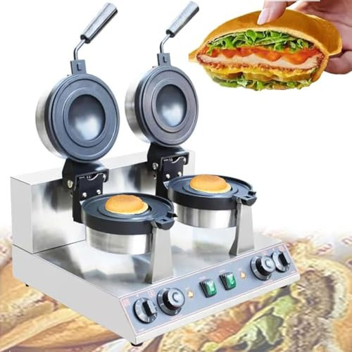 1300W Non Stick Waffle Maker, Commercial Double Head Rotating Burger Machine, 122-572 ℉ Adjustable Temperature&0-5Min Timer, Stainless Steel Sandwich Press, for Bakeries, Restaurants, Snack Bar