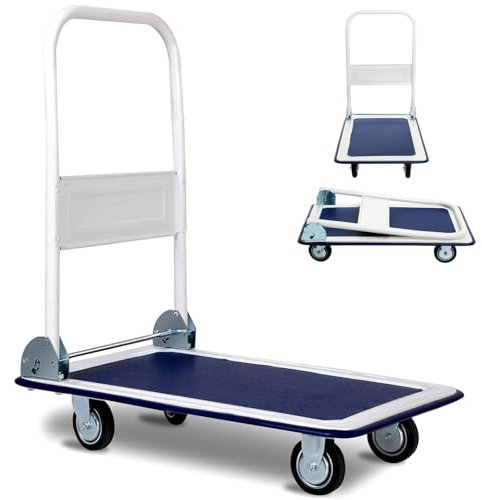 HOMFME Folding Platform Trolley, Heavy Duty Flatbed Platform Truck Dolly with Handle, Moving Push Hand Sack Truck Luggage Cart for Loading (Blue, 73x48x83cm,150kg Capacity)