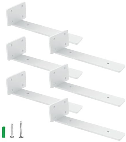 JYiuog Lot de 6 supports d'étagère, flottants, invisibles, en L, pour montage mural, blanc, 20 cm (4 mm d'épaisseur)