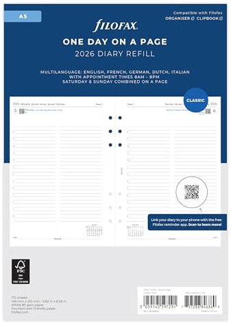 Filofax Terminplaner 26-68515, A5, Tag pro Seite, 5 Sprachen, 2026