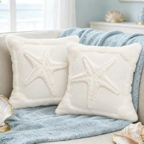Sunshine smile Kissenbezüge Sommer 40x40 cm,2er Set Kissenbezüge Sommer Strand,Küsten Kissenbezüge,Seestern Meer Landschaft Dekorative Kissenhülle,für Sofa Sessel Zuhause Schlafzimmer