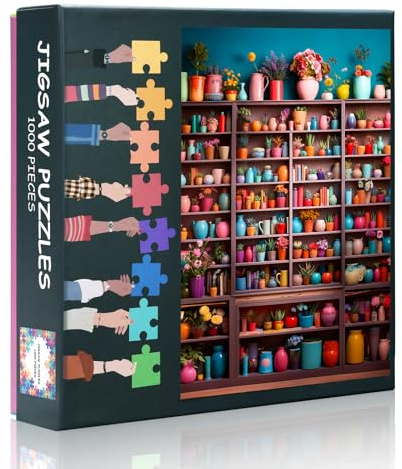 Vases 1000 Piece Puzzles for Adults, Shelf Filled with Lots of Colorful Vases and Plants Puzzles, Difficult Impossible Challenging Puzzle, 19.5 x 27.5 Inch