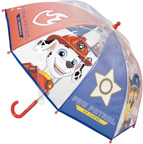 Paw Patrol Hand-Regenschirm Poe Bulle - transparenter Kinderschirm mit Paw Patrol Motiv, sichere manuelle Öffnung und Kuppel Vollschutz für Kinder Chase und Skye, Paw Fans