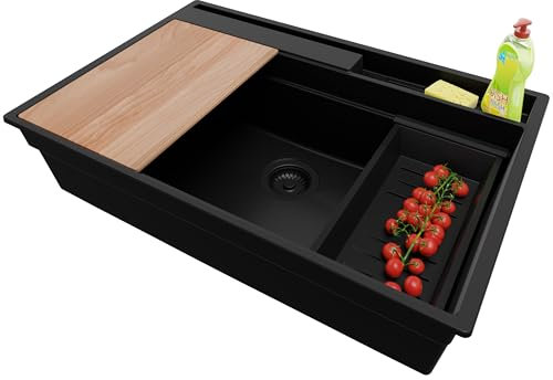 PRIMAGRAN Fregadero Cocina Todo Negro 78x53cm, Granito 1 Seno + Sifón + Tabla de cortar, Sobre encimera al mueble 80cm - Oslo Pocket