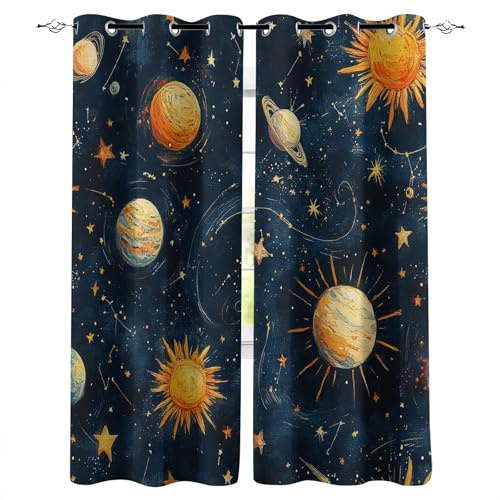 Generisch Planet Gardinen Blickdichte Thermo Vorhänge mit Ösen Weich Vorhang Blackout Curtain Weltraum Planet Sonne Wohnzimmer Schlafzimmer Verdunklungsvorhänge 2er Set H 160 x B 100 cm