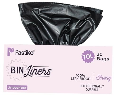 Pastiko 100% Compostable Biodegradable 70L Bin Liners Strong Garbage Bags Extra Thick Leak Proof Black Bin Bags TUV Austria OK Home and Industrial Compostable for Home and Outdoor Use