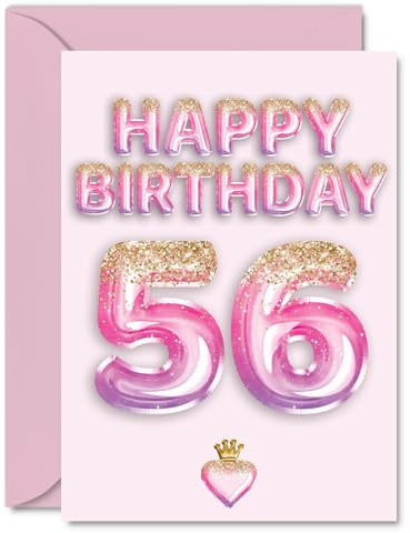 56th Birthday Cards for Women and Men, Pink & Purple Glitter Balloons | Happy Birthday Card for 56 Year Old Man Woman Daughter Husband Neighbour Dad, A5 Bday Greeting Cards