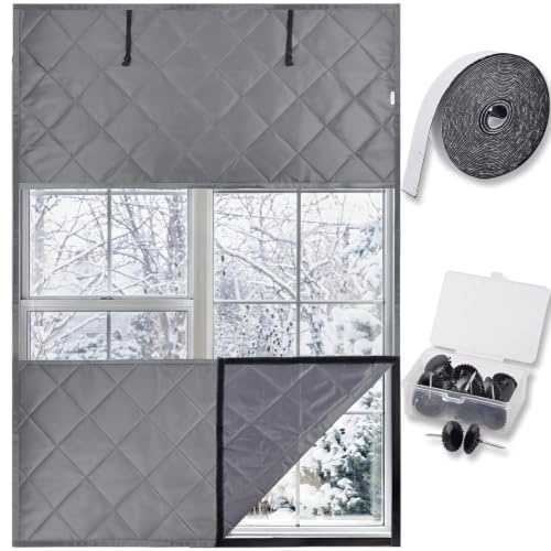 Thermovorhang Fenster Isolierung Gegen Kälte - Thermo Vorhang Türvorhang | 120 x 160 cm, 3-Schichten Oxford-Stoff & Baumwolle mit Sichtfenster, ohne Bohren, wiederverwendbar, für Haus & Wohnmobil