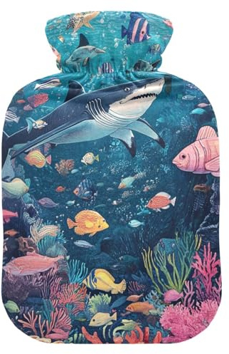 Ocean-Themed Fish Illustration hot Bottle Water Bag with Soft Cover, 2L hotwater Bag for Hand Feet Warmer