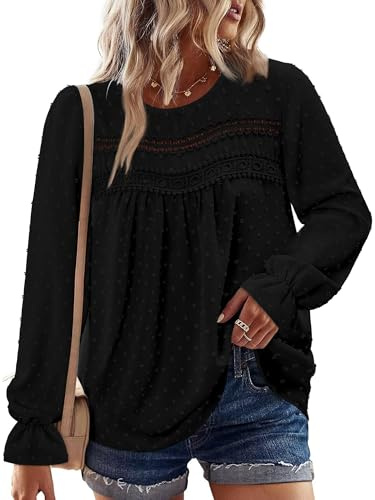 CHICZONE Long Sleeve Chiffon Blouses Womens Henley Crew Neck Fall Casual Flowy Lace Hem Boho T-Shirt D Black