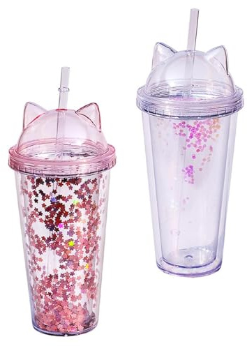DAGLLGEW Water Bottle with Straw Glitter Water Cup Double Layer Cup Drinking with Cat Ear for Girl 2PCS 400-500ml Transparent