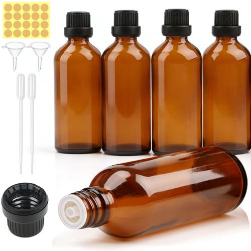 qjuwhua 5 botellas de vidrio ámbar de 100 ml, botellas vacías de color marrón, reutilizables, frascos pequeños con cuentagotas