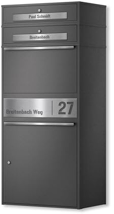 Metzler Paketbox mit 3 Briefkästen draußen groß XXL, Briefkasten 3 Parteien mit Paketfach in DB 703 Eisenglimmer, 3er Paketbriefkasten, Personalisiert Edelstahl Namensschild Gravur - Bispo Max 2
